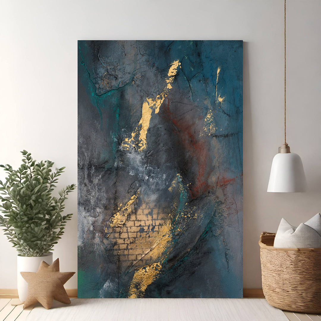 Wadi Home abstract textured canvas wall art in deep blues, grays, and gold accents. Modern sophistication for any room.