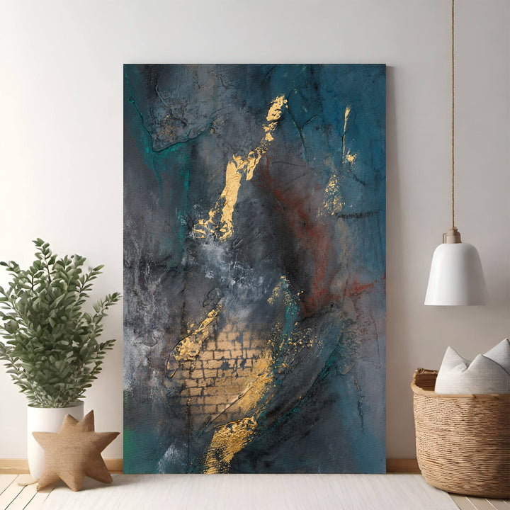 Wadi Home abstract textured canvas wall art in deep blues, grays, and gold accents. Modern sophistication for any room.