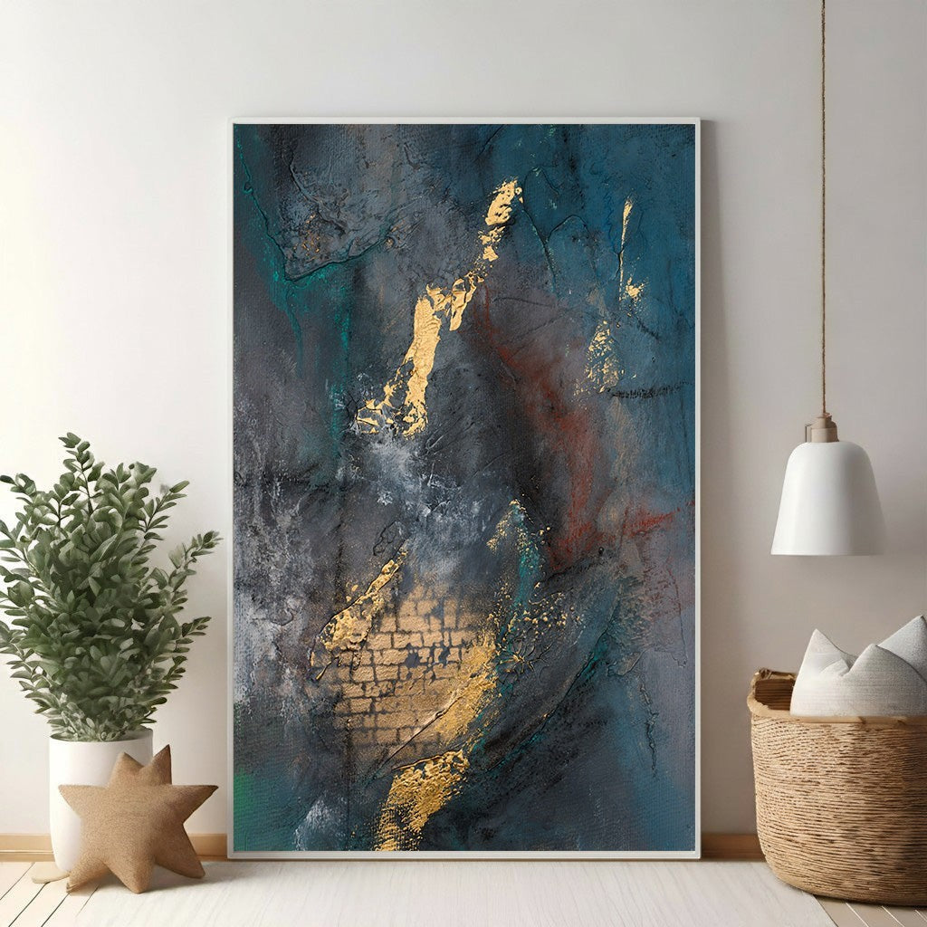 Wadi Home abstract textured canvas wall art in deep blues, grays, and gold accents. Modern sophisticated design.