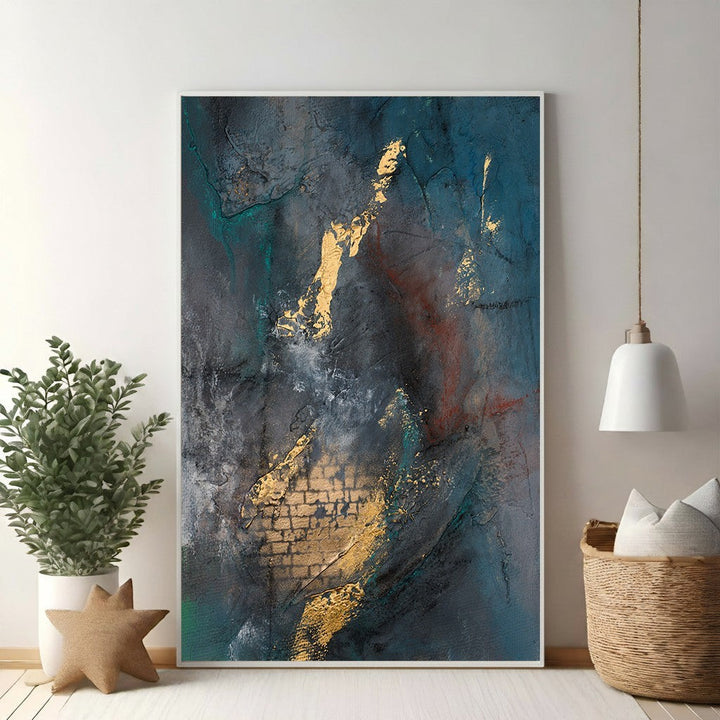 Wadi Home abstract textured canvas wall art in deep blues, grays, and gold accents. Modern sophisticated design.