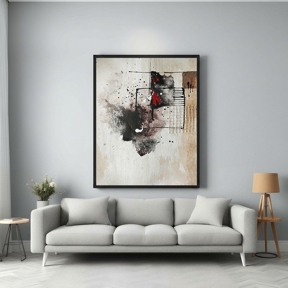 Wadi Home abstract textured canvas wall art with neutral tones, black accents, and a pop of red.