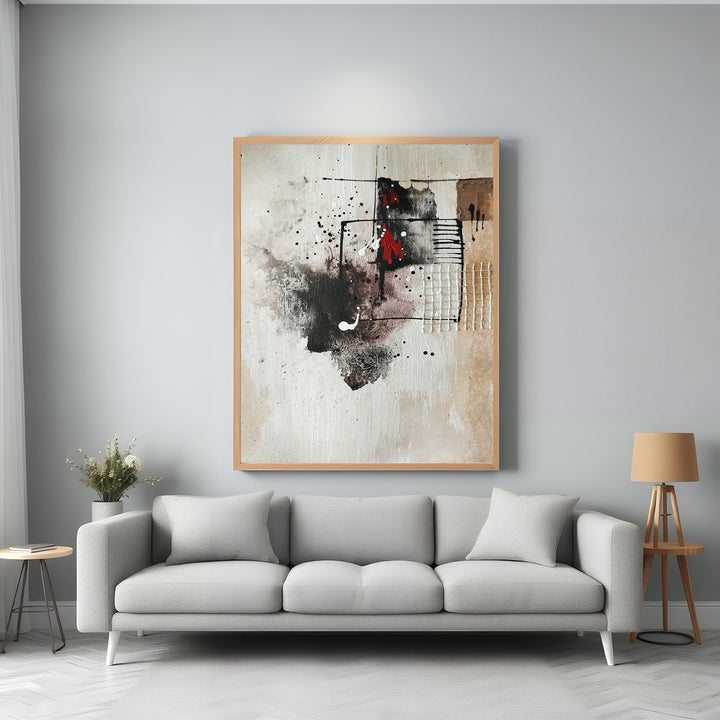 Wadi Home abstract textured canvas wall art with neutral tones, black accents, and a pop of red.