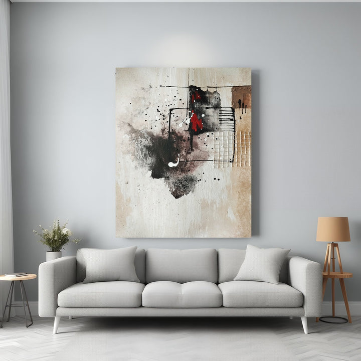 Wadi Home abstract textured canvas wall art with neutral tones, black accents, and red pop. Modern art for living room.
