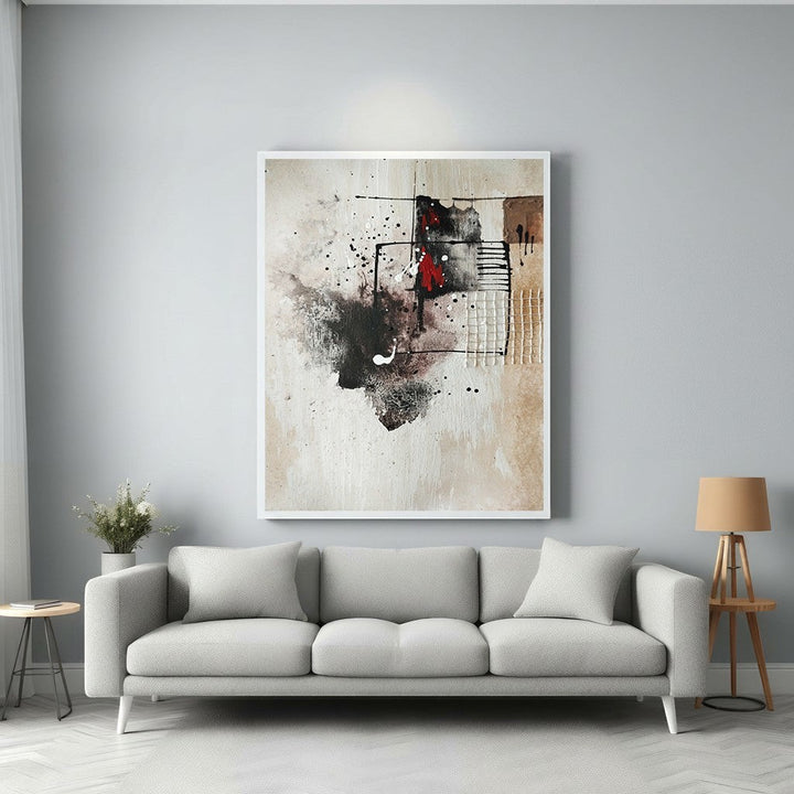 Wadi Home abstract textured canvas wall art with neutral tones, black accents, and a pop of red.