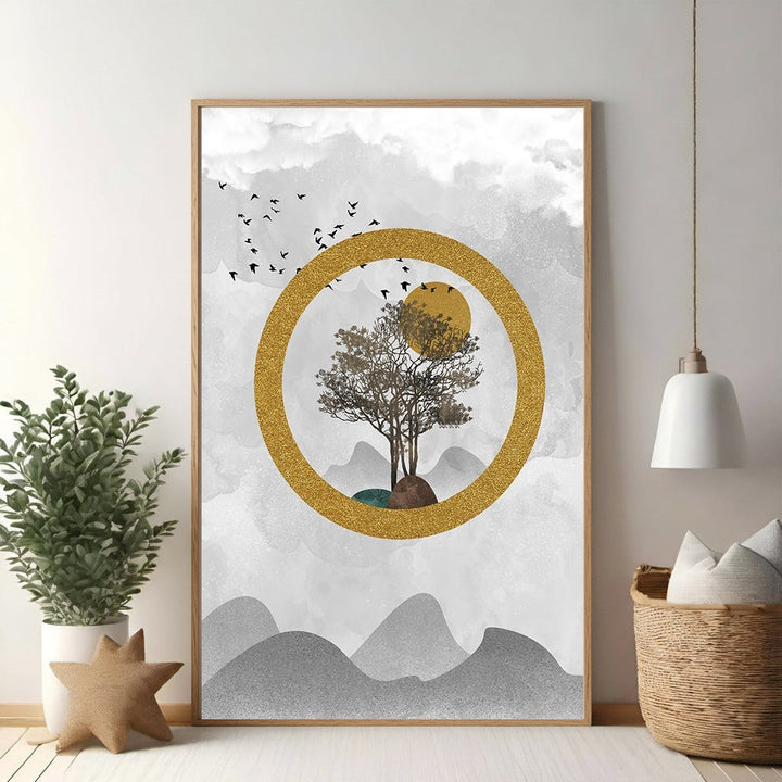 Wadi Home abstract landscape wall art featuring a solitary tree within a gold circle, misty mountains, and birds in flight. Grey, white, and gold.