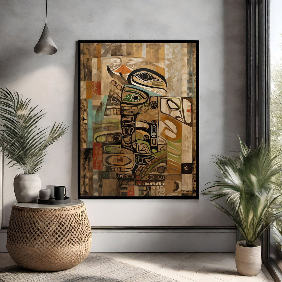 Wadi Home abstract tribal art wall decor with earthy tones and intricate geometric patterns. Framed artwork.