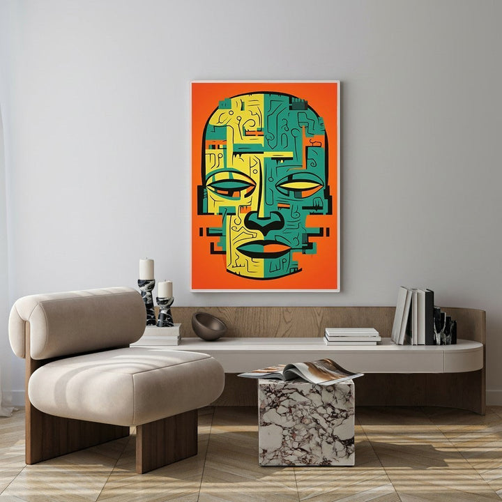 Wadi Home abstract tribal face wall art in yellow, teal, and orange geometric design.