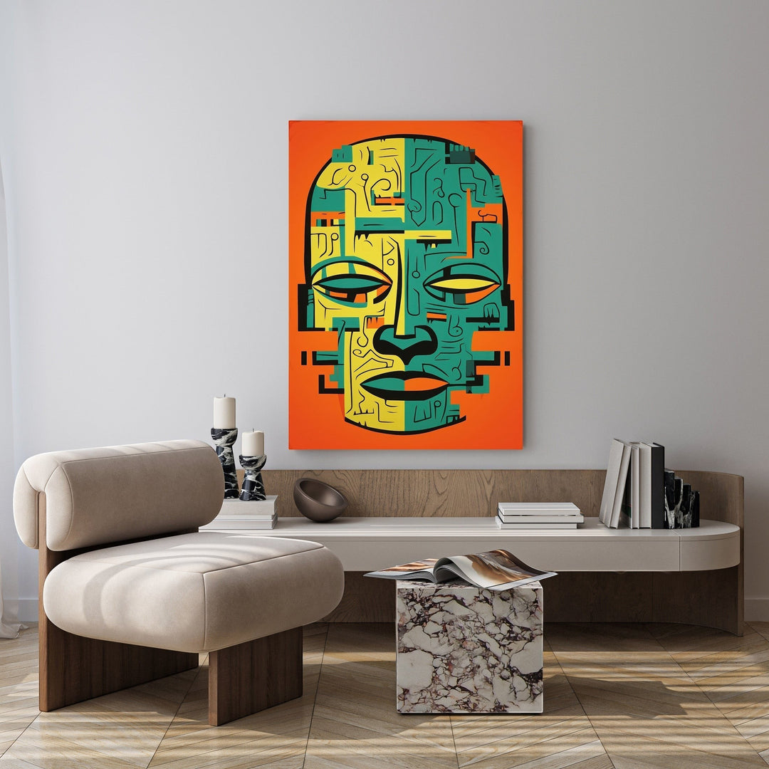 Wadi Home abstract tribal face wall art in yellow, teal, and orange geometric design. Modern wall hanging.
