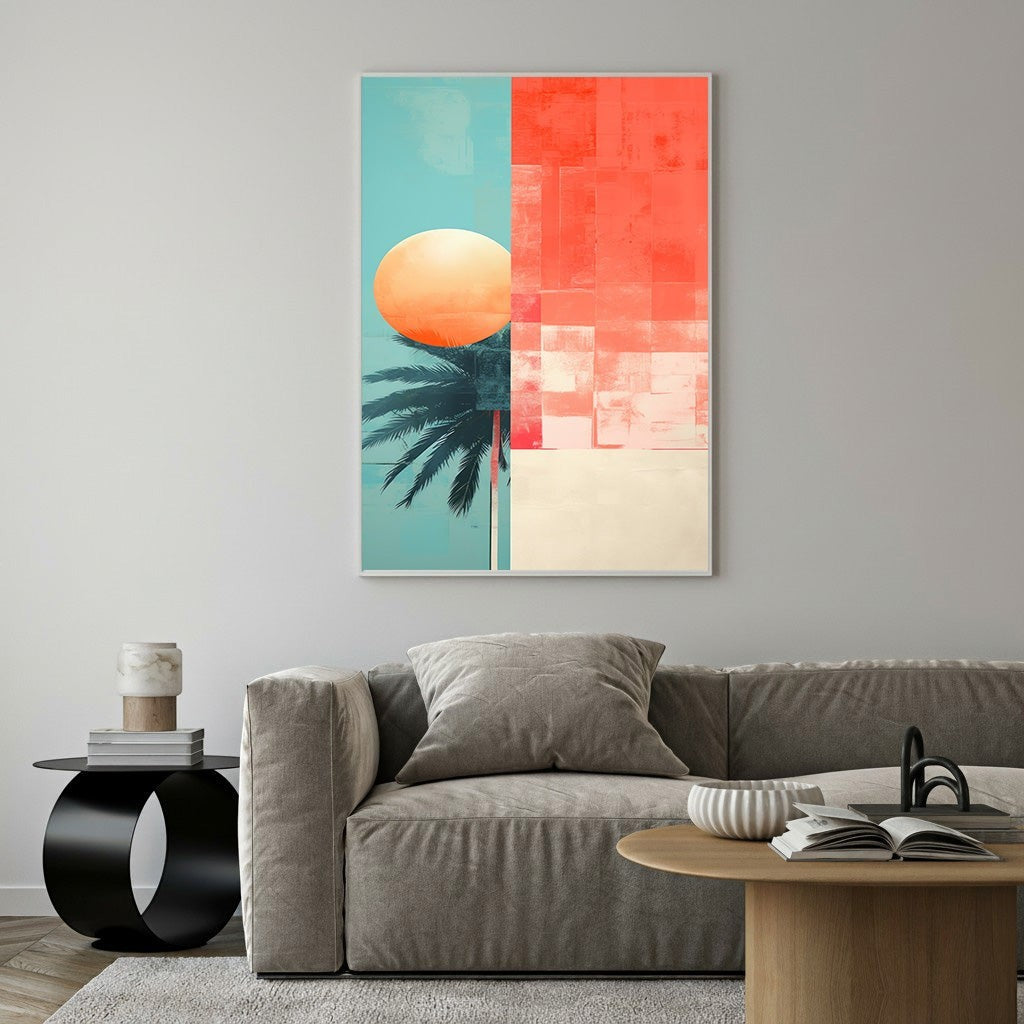 Wadi Home abstract tropical wall art with coral, turquoise, and cream geometric blocks, a stylized palm frond, and an orange sun.