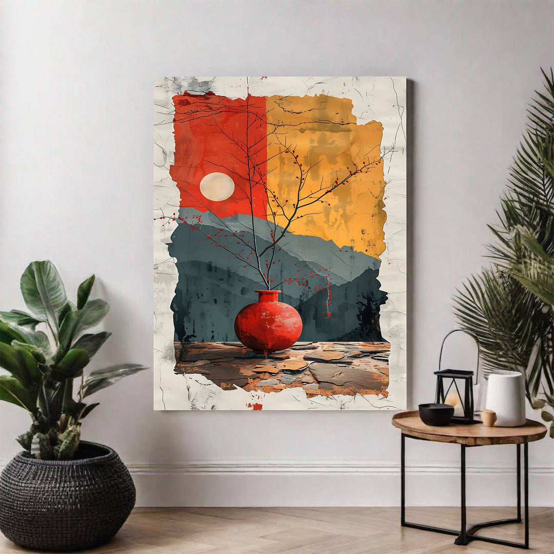 Wadi Home abstract wall art featuring a red vase with a moon and mountains backdrop. Textured, painterly style.