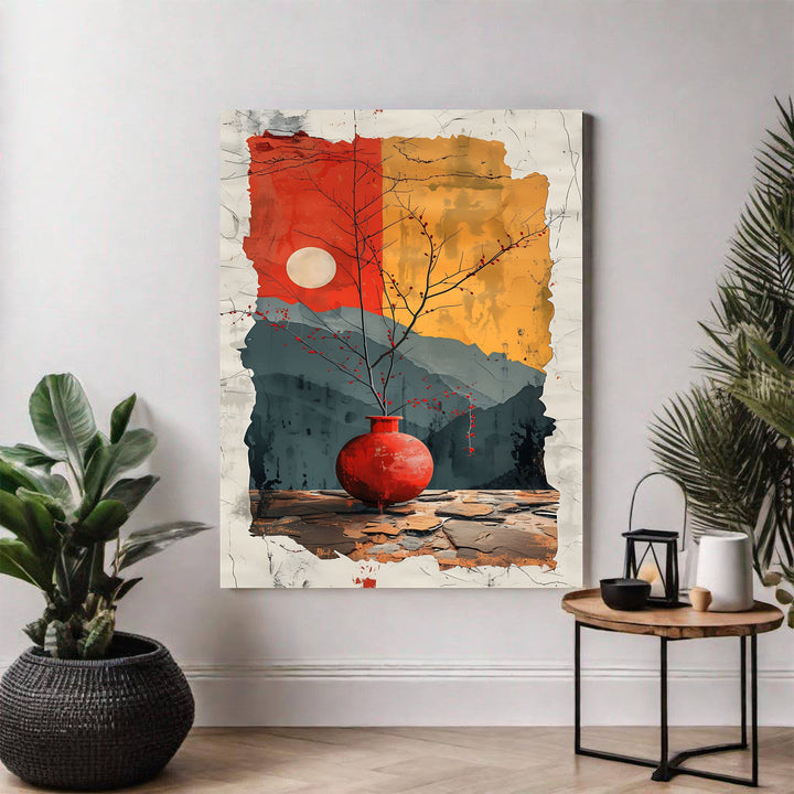 Wadi Home abstract wall art featuring a red vase with a moon and mountains backdrop. Textured, painterly style.