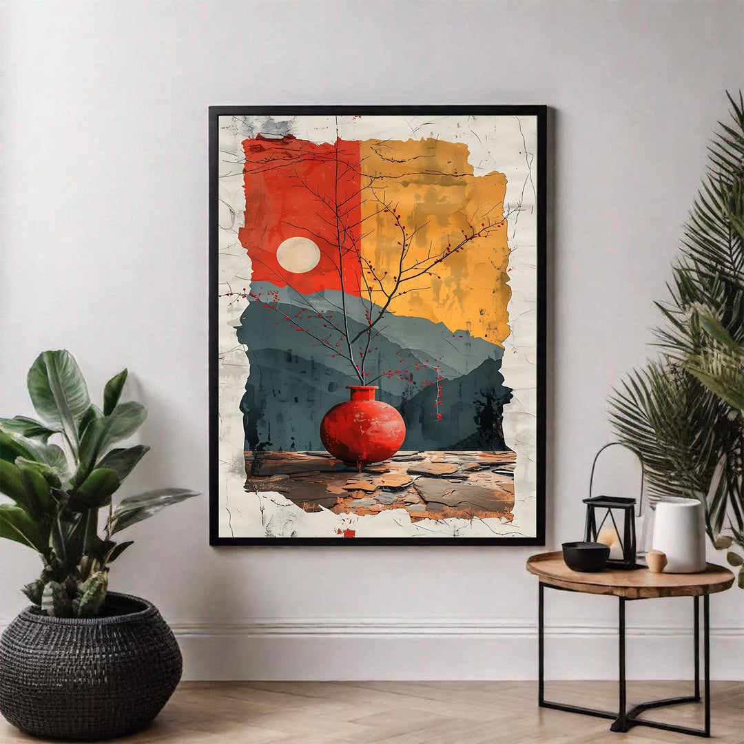 Wadi Home abstract wall art featuring a red vase with a branch and moon over mountains. Textured, painterly style.
