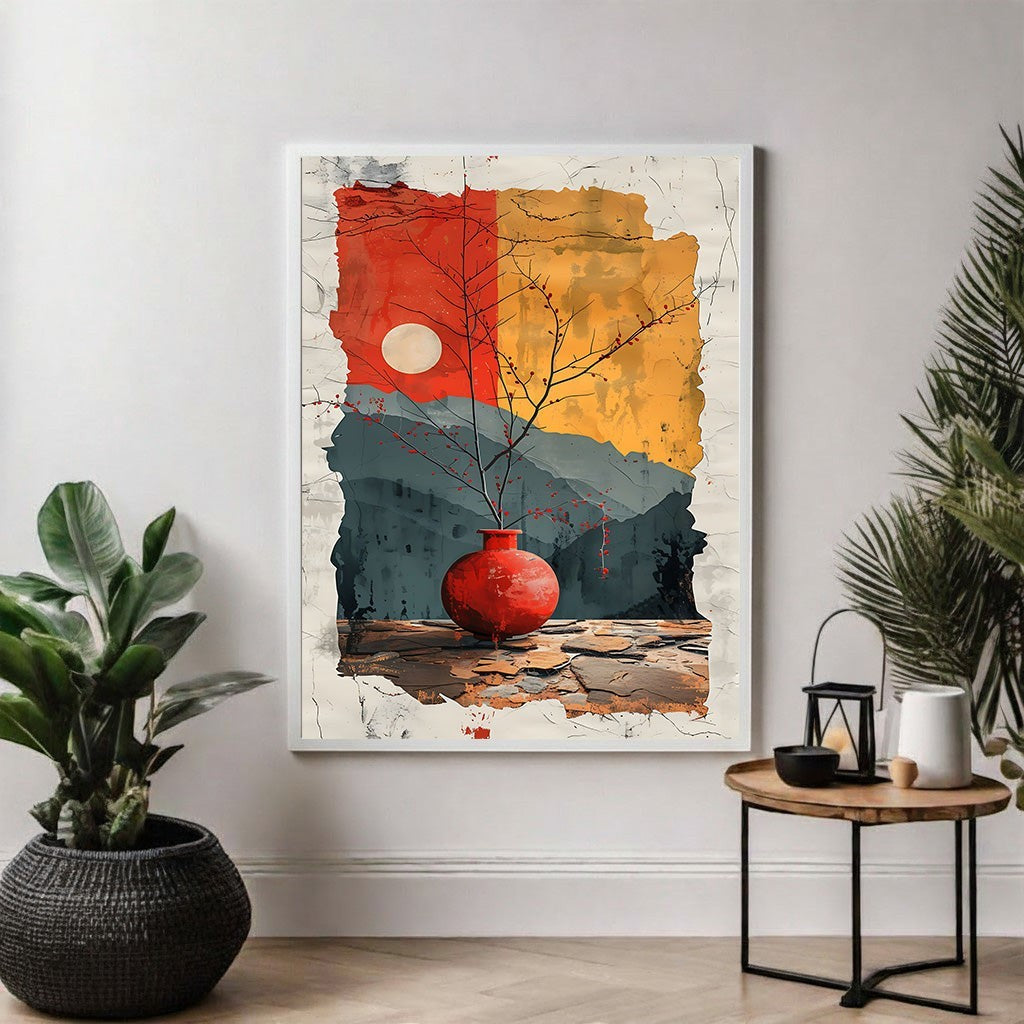 Wadi Home abstract wall art featuring a red vase with a bare branch, moon, and mountains. Textured, painterly style.