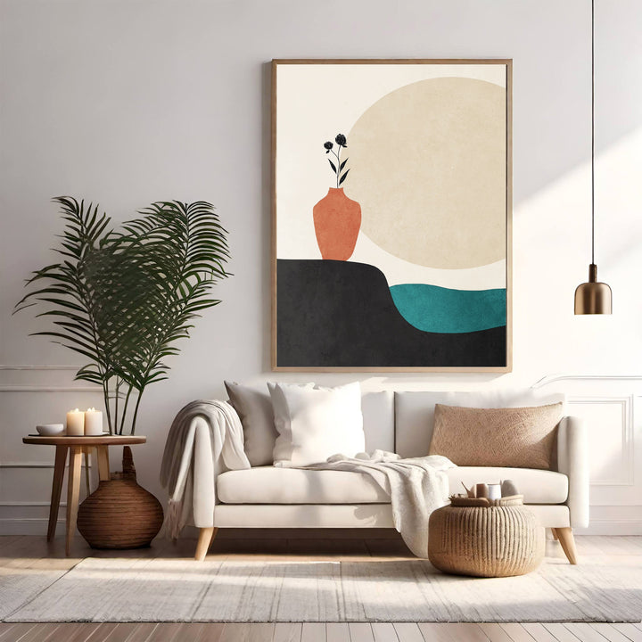 Wadi Home abstract minimalist vase wall art with earthy tones, black, and teal accents. Features a terracotta vase with black flowers against a beige circle.