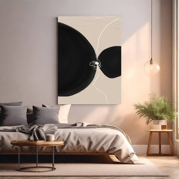 Wadi Home abstract wall art with black circles and white lines on beige background, modern minimalist design.