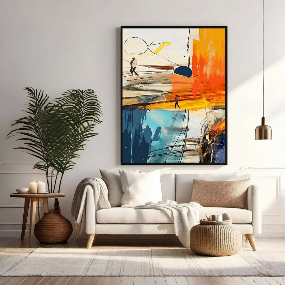 Wadi Home abstract wall art with bold orange, blue, and yellow colors and figures.