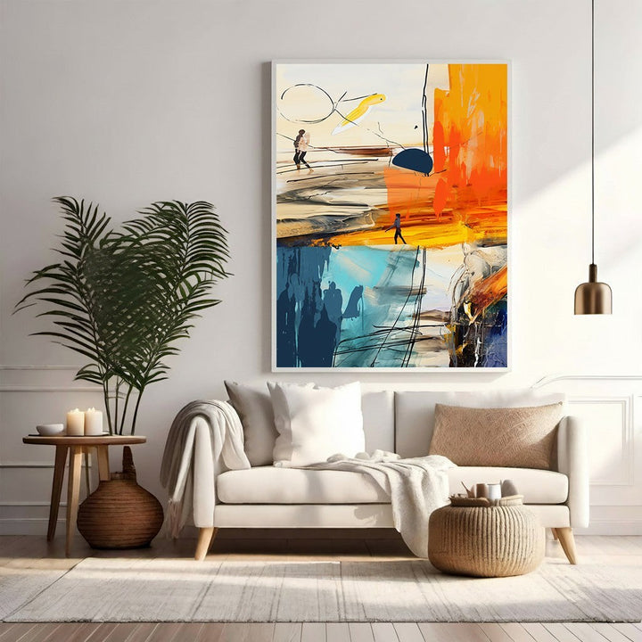 Wadi Home abstract wall art with bold orange, blue, and yellow colors, featuring figures and dynamic brushstrokes.