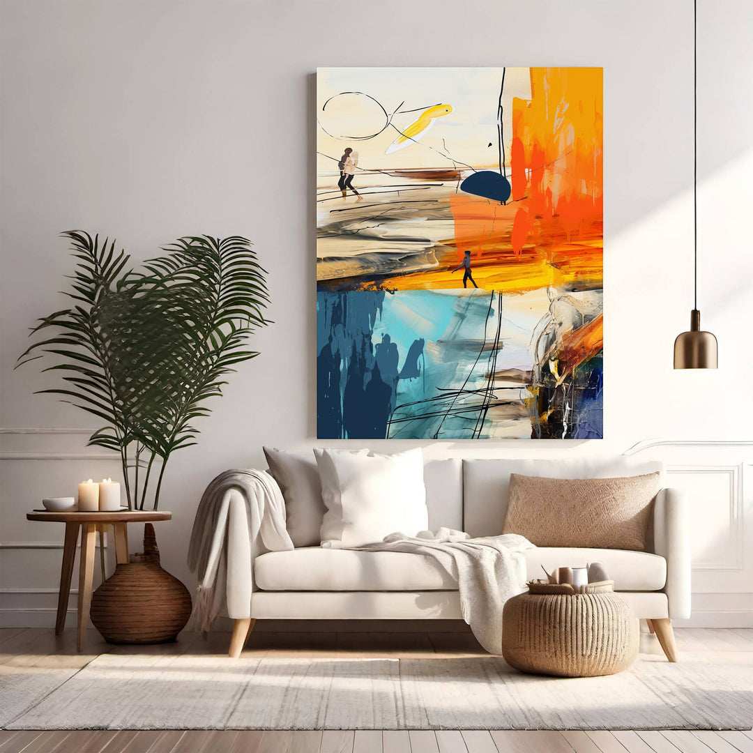Wadi Home abstract wall art with bold orange, blue, and yellow colors, featuring stylized figures and dynamic brushstrokes.