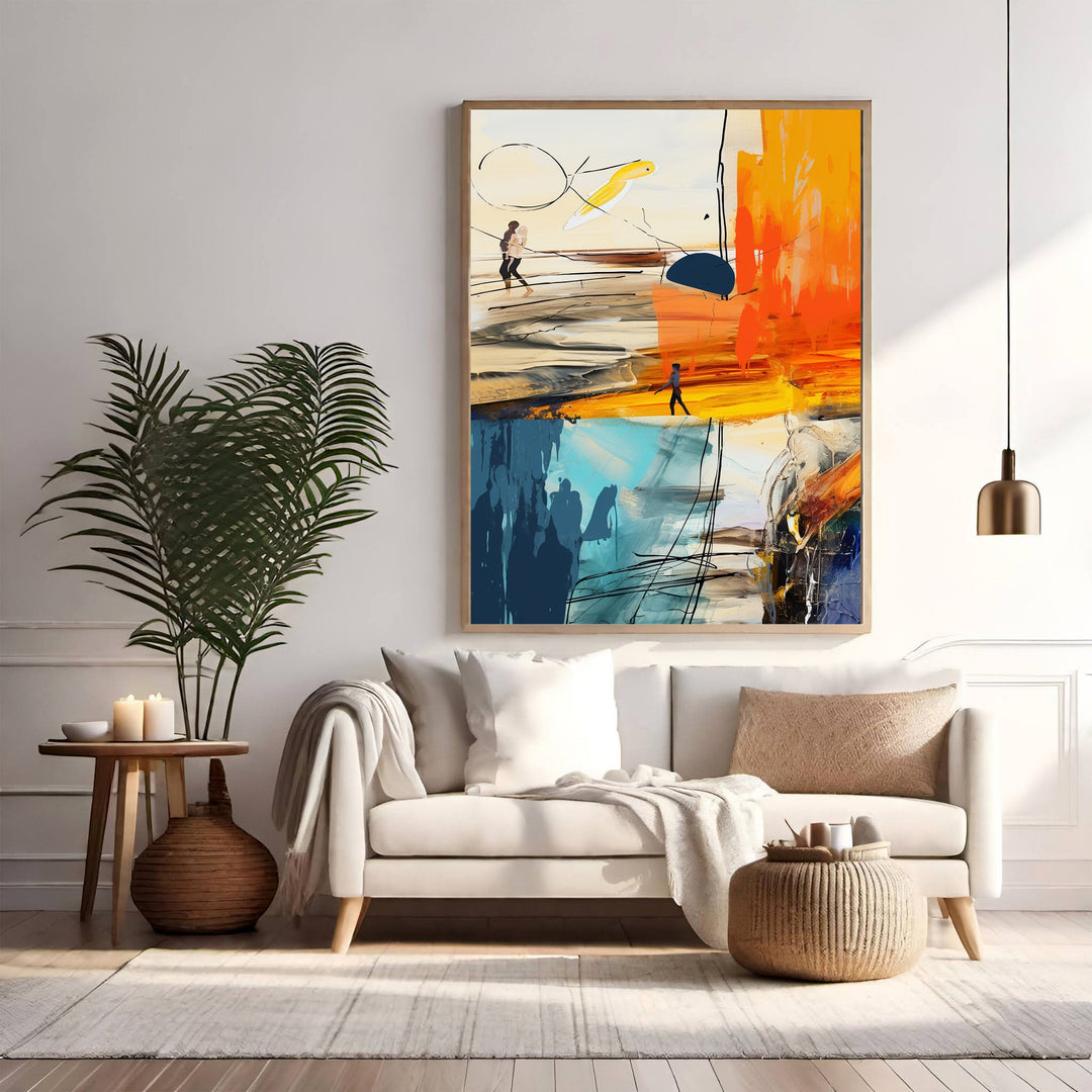 Wadi Home abstract wall art with bold orange, blue, and yellow colors, featuring figures and dynamic brushstrokes.