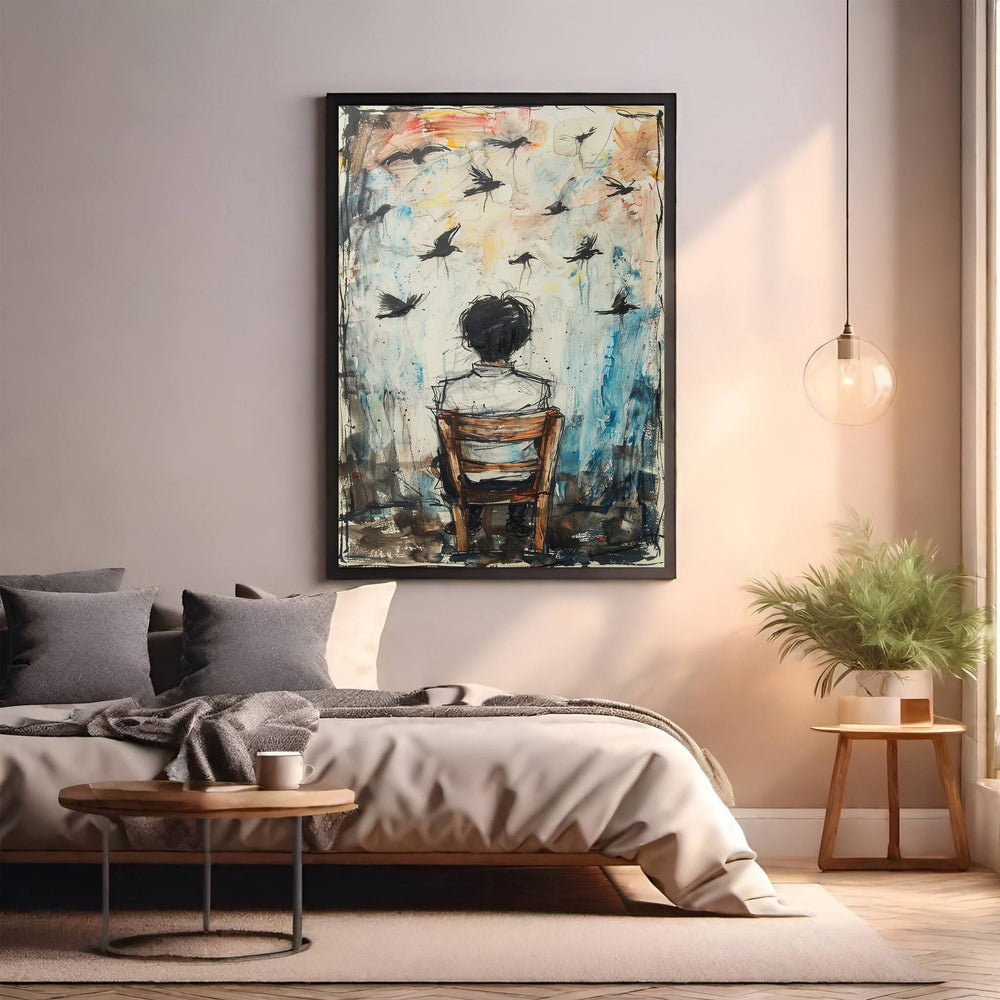 Wadi Home abstract wall art of a person sitting on a chair looking at birds in flight, blue and brown tones.