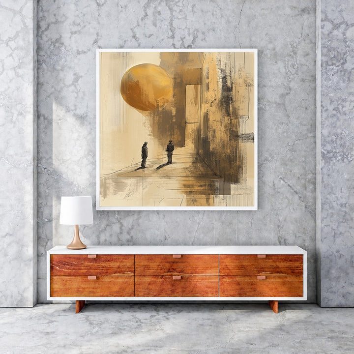 Wadi Home abstract wall art with two silhouetted figures, golden sphere, and textured earthy tones.
