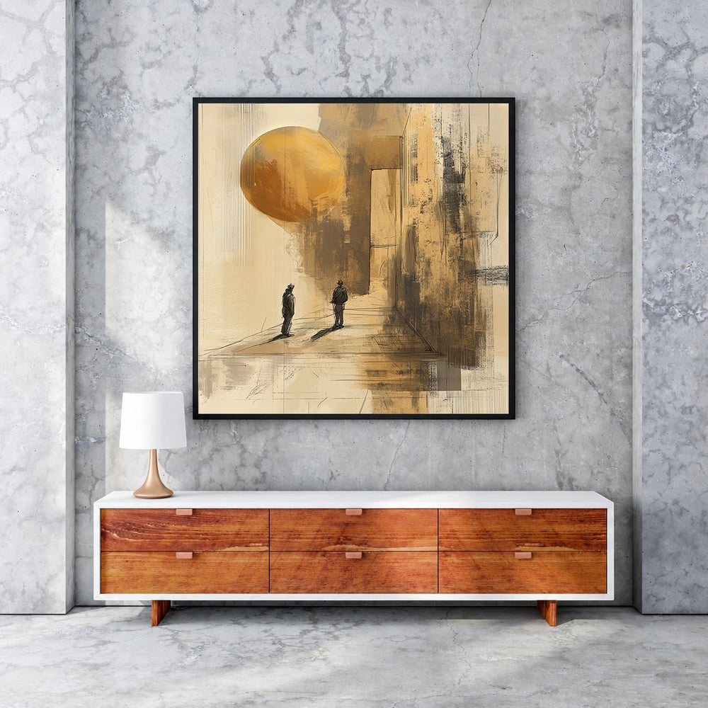 Wadi Home abstract wall art with two silhouetted figures and a golden sphere in earthy tones.