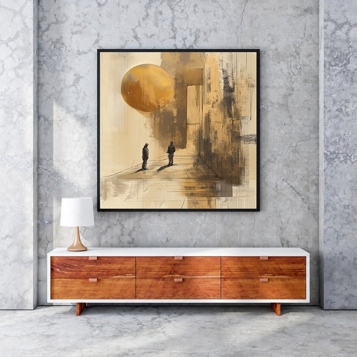 Wadi Home abstract wall art with two silhouetted figures and a golden sphere in earthy tones.