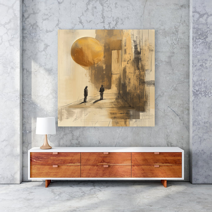 Wadi Home abstract wall art with two silhouetted figures, golden sphere, and textured earthy tones.
