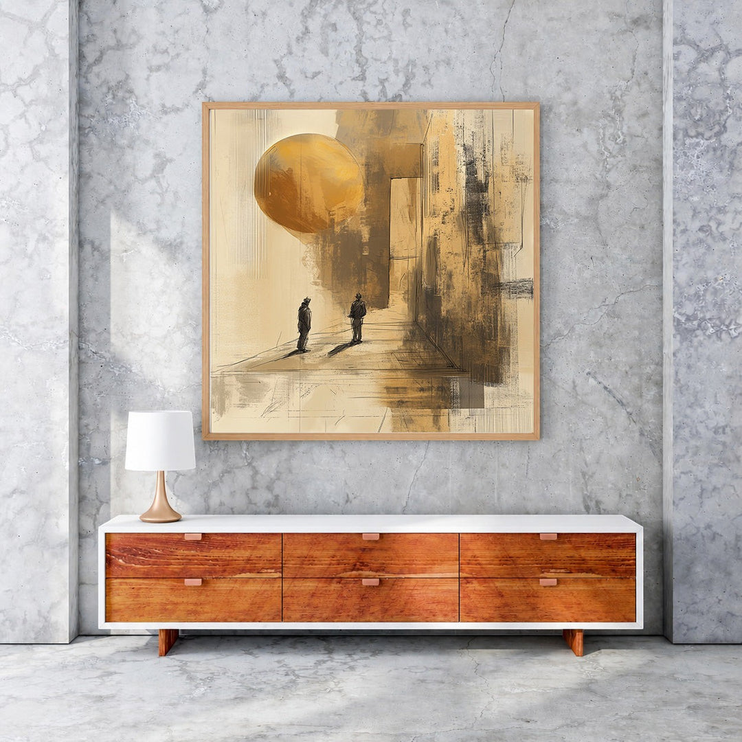 Wadi Home abstract wall art with two silhouetted figures and a golden sphere in earthy tones.