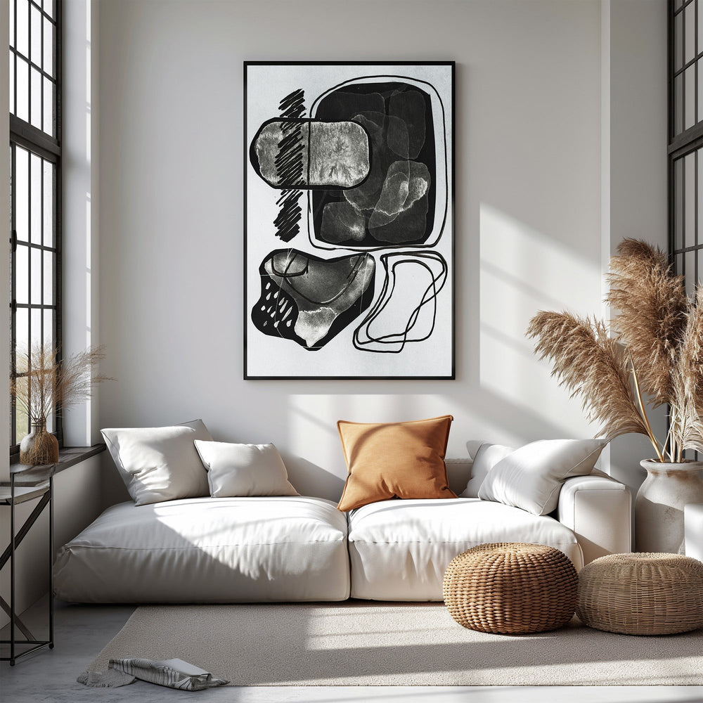 Wadi Home abstract monochrome wall art with organic shapes and bold lines, framed in black.