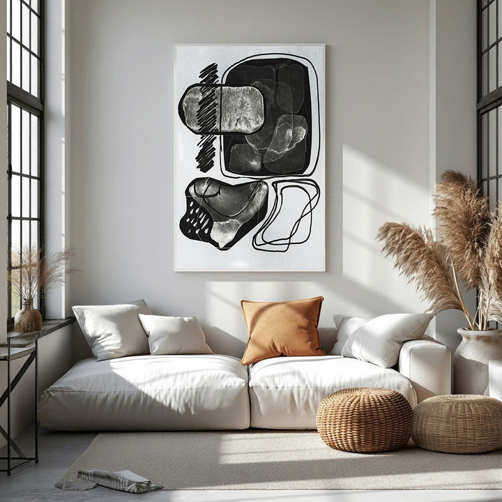 Wadi Home abstract monochrome wall art featuring organic shapes and bold lines, perfect for modern decor.