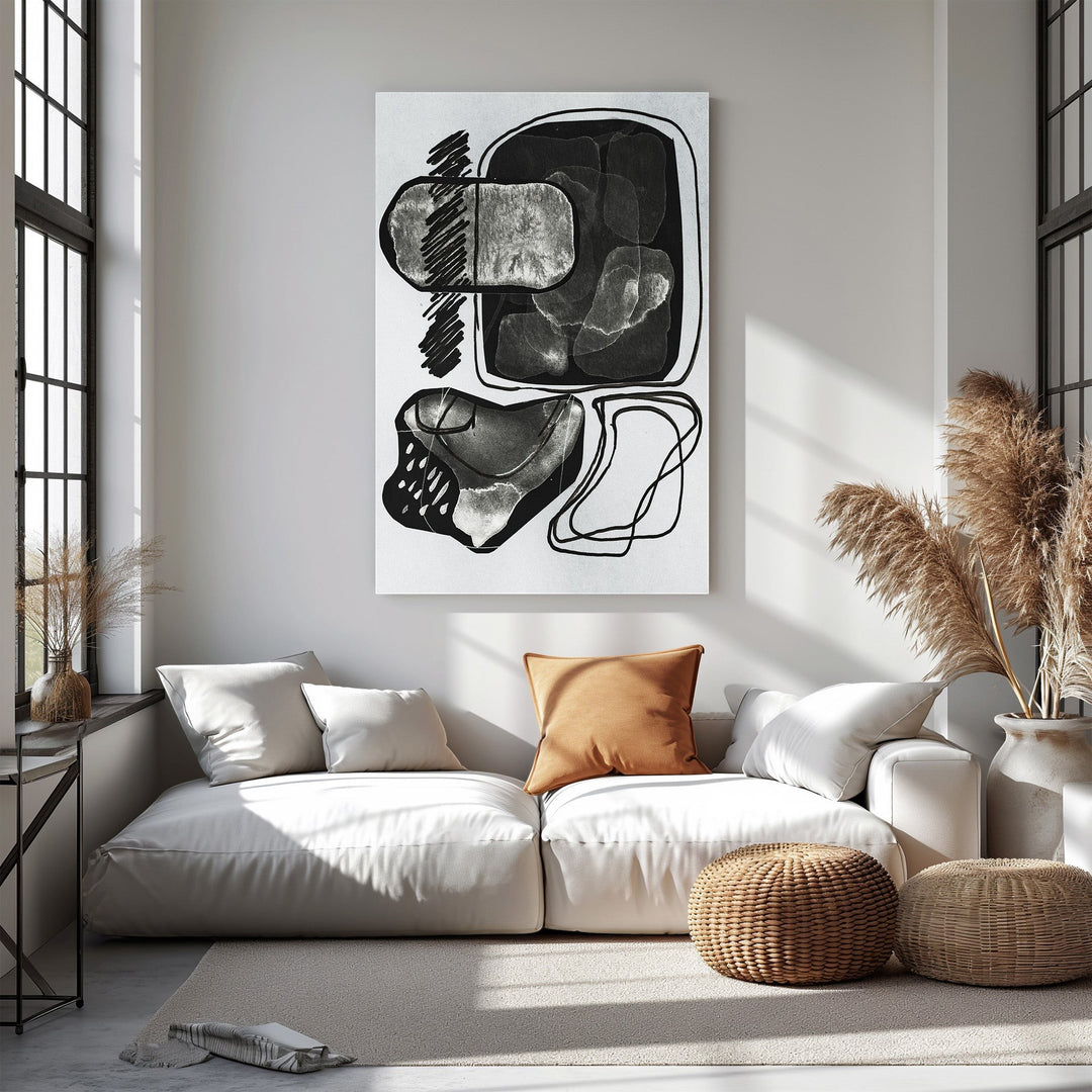 Wadi Home abstract monochrome wall art featuring organic shapes and bold lines, perfect for modern living spaces.
