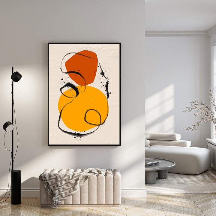 Wadi Home abstract wall art with orange and yellow circles and black lines on a textured cream background.
