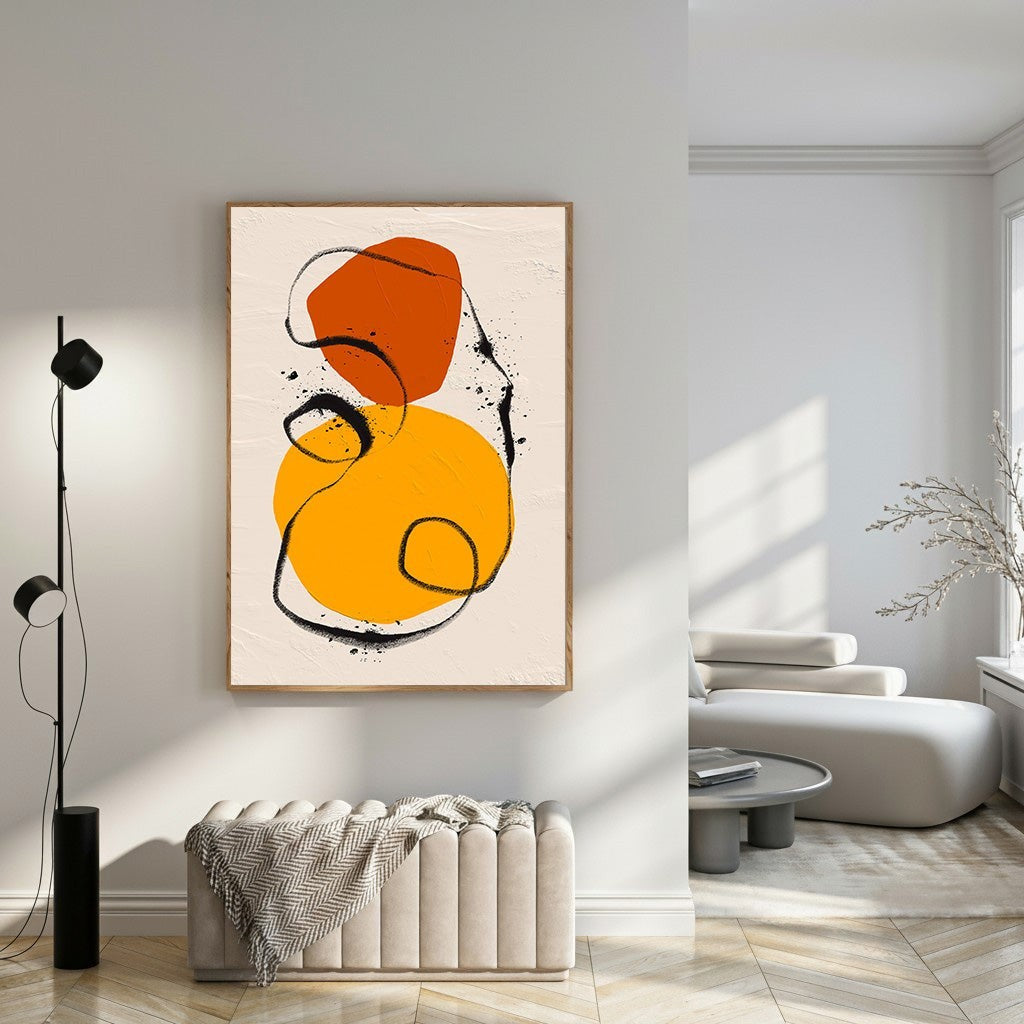 Wadi Home abstract wall art with orange and yellow circles and black lines on a textured cream background.