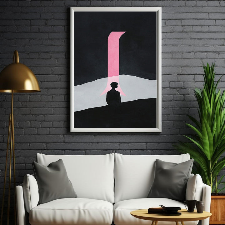 Wadi Home abstract wall art with black background, silhouette, and pink archway. Modern minimalist design.