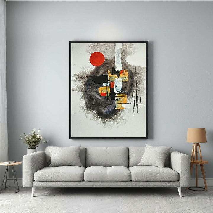 Wadi Home abstract wall art with red circle, black, white, grey, and ochre geometric shapes.