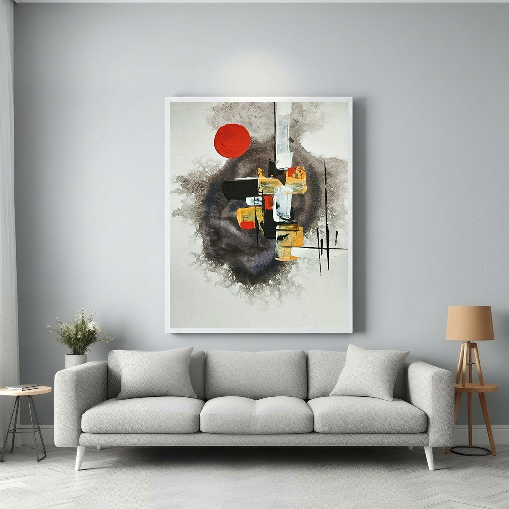 Wadi Home abstract wall art with red circle, black, white, grey, and ochre tones. Modern composition.