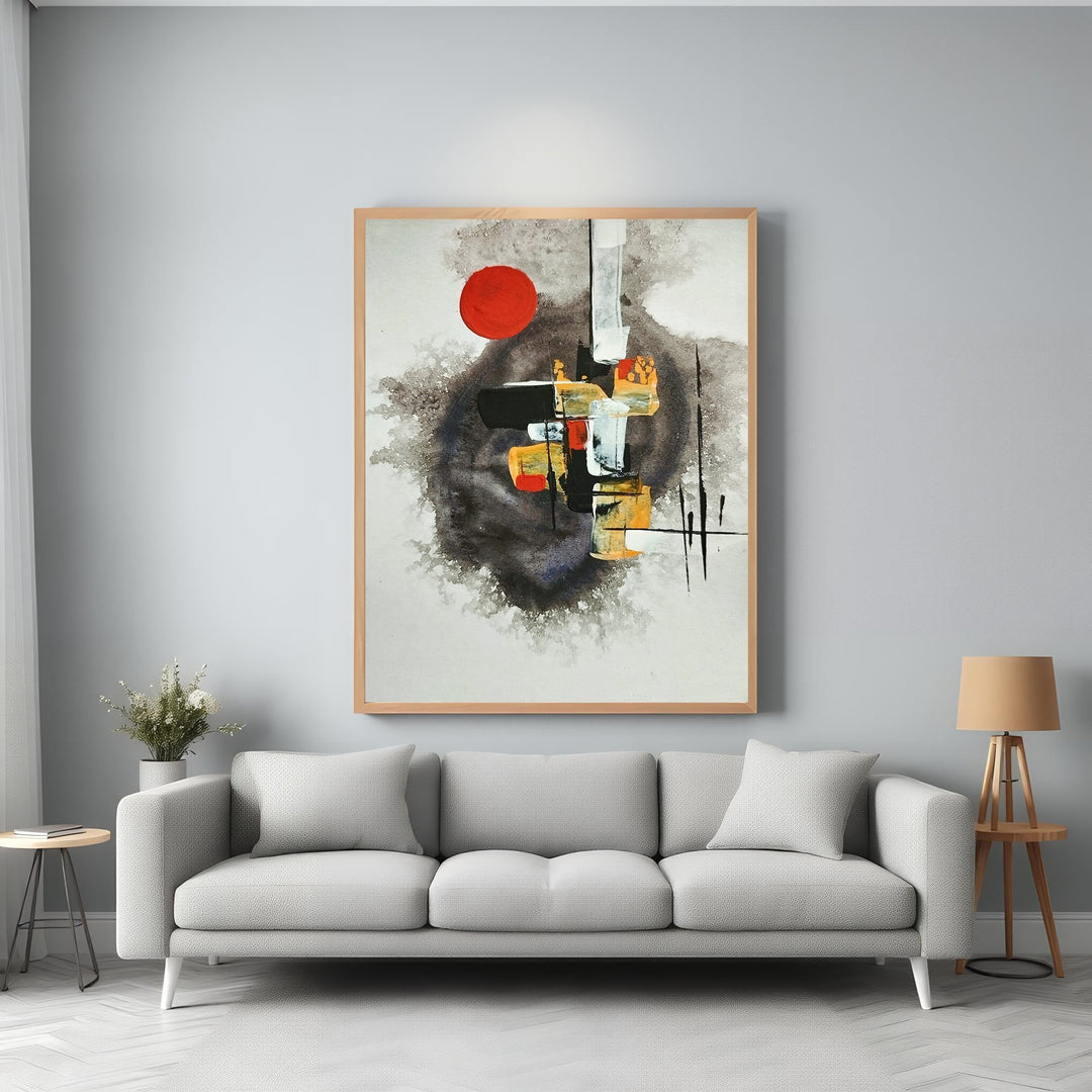 Wadi Home abstract wall art with red circle, black, white, grey, and ochre tones. Modern composition.