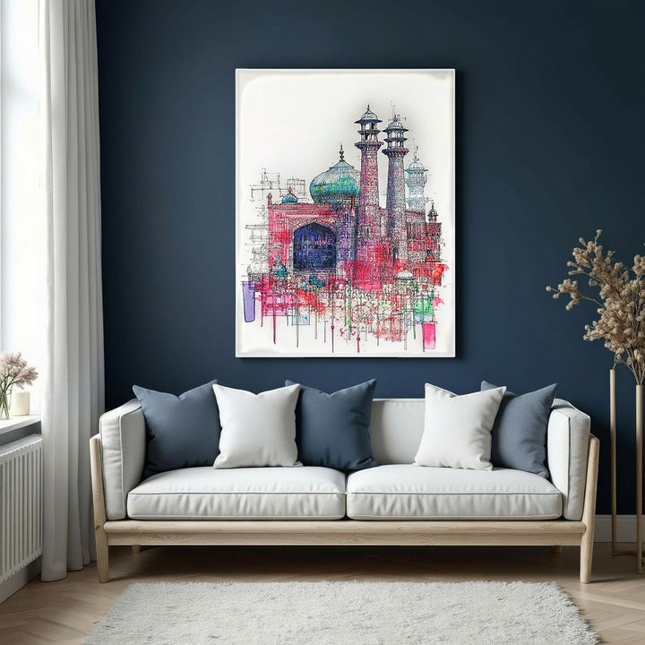 Wadi Home abstract architectural watercolor painting with bold reds, blues, and greens on white background.
