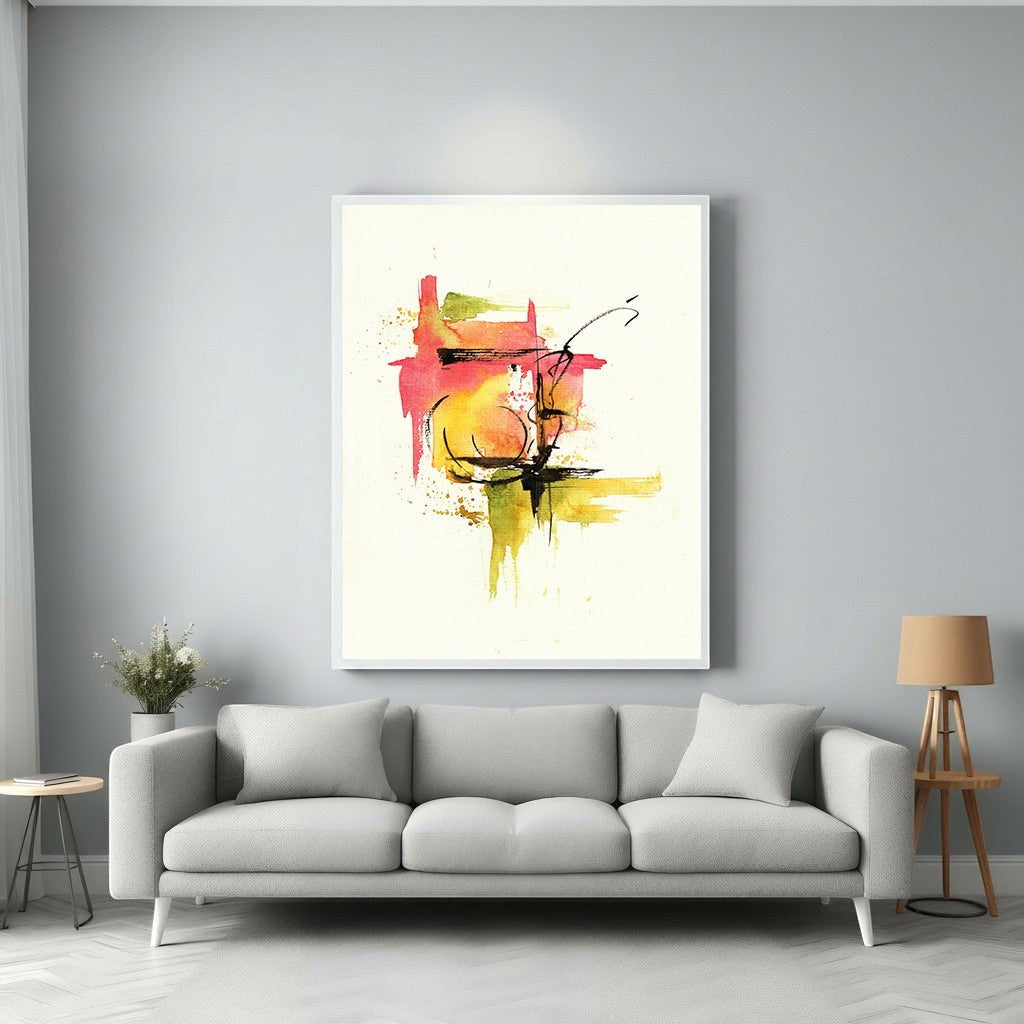 Wadi Home abstract watercolor splash wall art with red, yellow, green, and black abstract shapes and splatters.