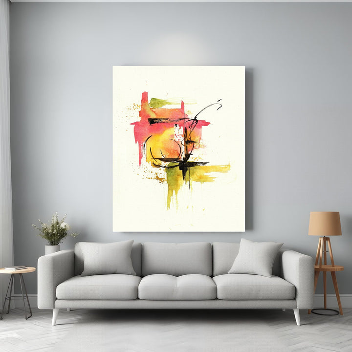 Wadi Home abstract watercolor splash wall art with red, yellow, green, and black paint strokes.
