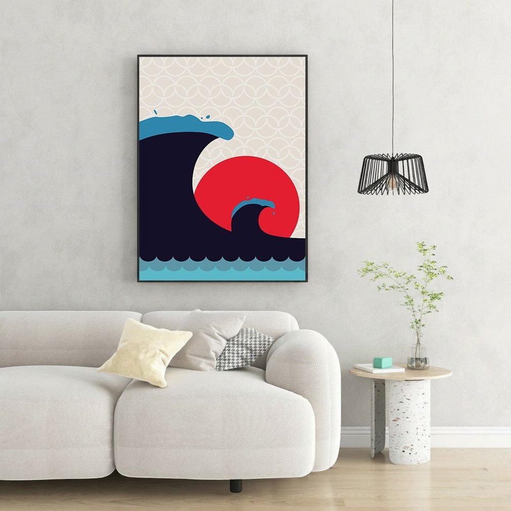 Wadi Home Abstract Wave Sun Wall Art featuring navy waves and a red sun on a cream background. Coastal decor.