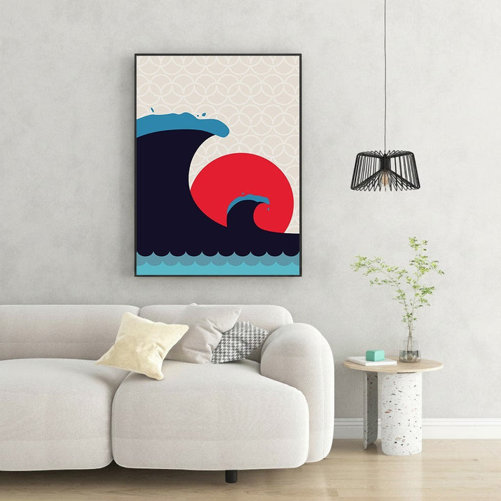 Wadi Home Abstract Wave Sun Wall Art featuring navy waves and a red sun on a cream background. Coastal decor.