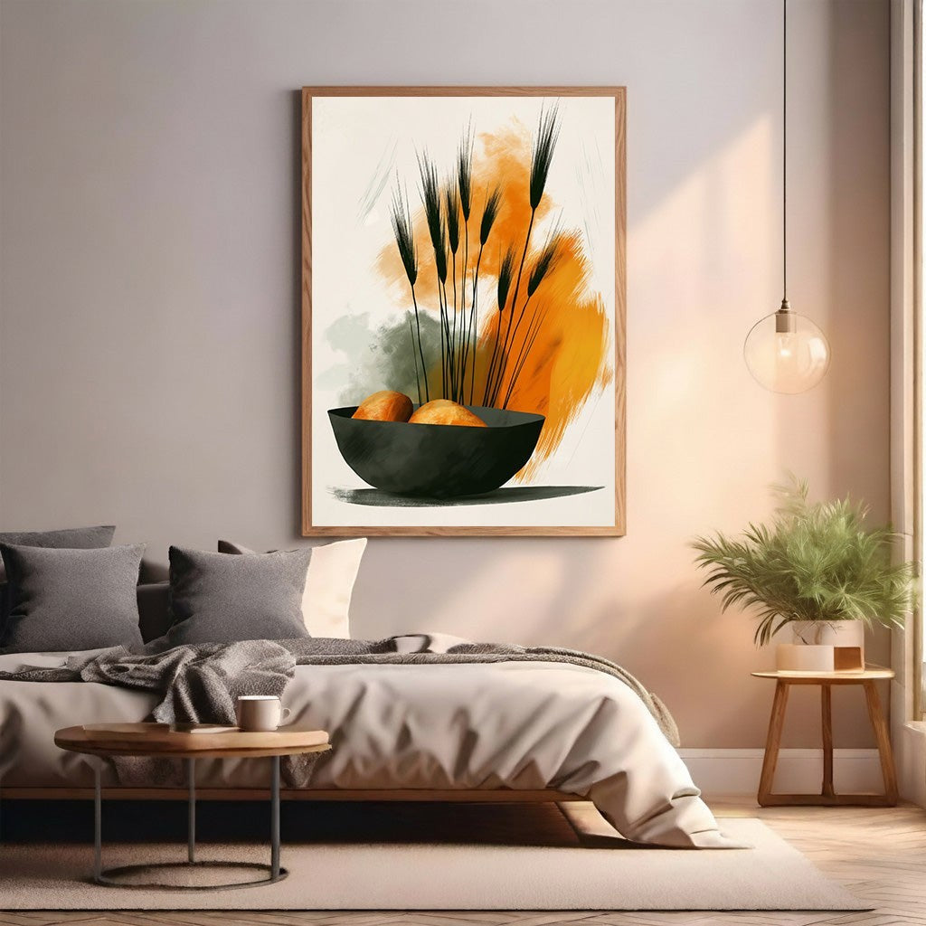 Wadi Home abstract wall art featuring black wheat stalks in a dark bowl with orange and green brushstrokes.