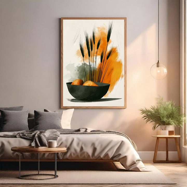 Wadi Home abstract wall art featuring black wheat stalks in a dark bowl with orange and green brushstrokes.
