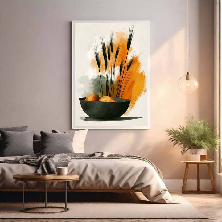 Wadi Home abstract wall art featuring black wheat stalks in a dark bowl with orange and green brushstrokes.