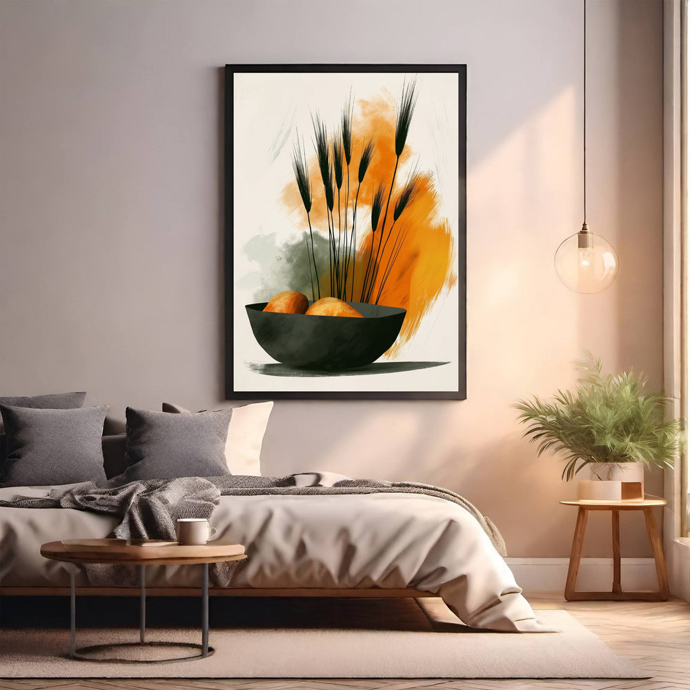 Wadi Home abstract wall art featuring black wheat stalks in a dark bowl with orange and green brushstrokes.