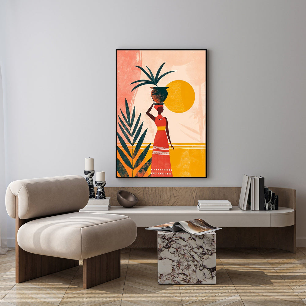 Wadi Home abstract wall art of a woman in a red dress carrying a pot on her head, with tropical leaves and a sun.