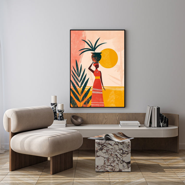 Wadi Home abstract wall art of a woman in a red dress carrying a pot on her head, with tropical leaves and a sun.