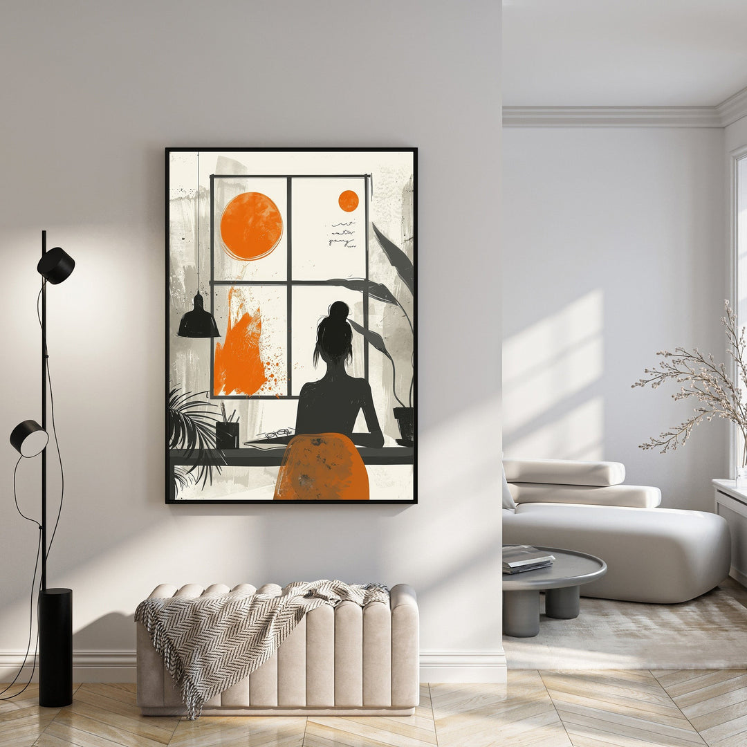 Wadi Home abstract artwork of a woman at a desk, with orange suns and botanical accents.